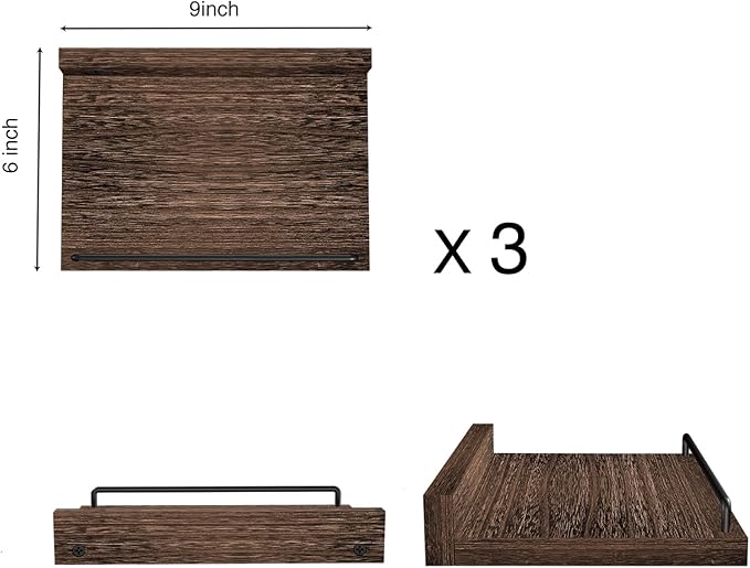 Small Floating Shelf, 6 X 9 Inches Farmhouse Wall Shelves for Living Room, Bedroom, Picture Frames, Plants, Kitchen, Set of 3 (Brown)