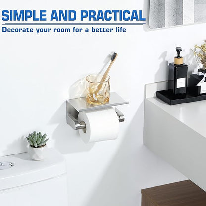 Alise Toilet Paper Holder,Double Post Paper Holder SUS304 Stainless Steel Toilet Paper Roll Holder with Shelf Spring Loaded Tissue Holder (Adhesive or Screw),Brushed Nickel