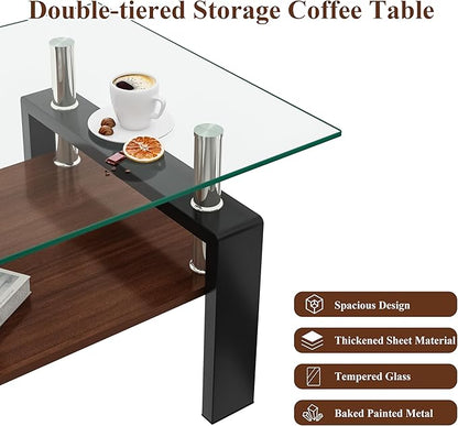 Tempered Glass Coffee Table Rectangle Living Room Center Table, with 39" Clear Top and Brown MDF Layer Black Metal Leg, for Small Space Apartment, Transparent+Brown