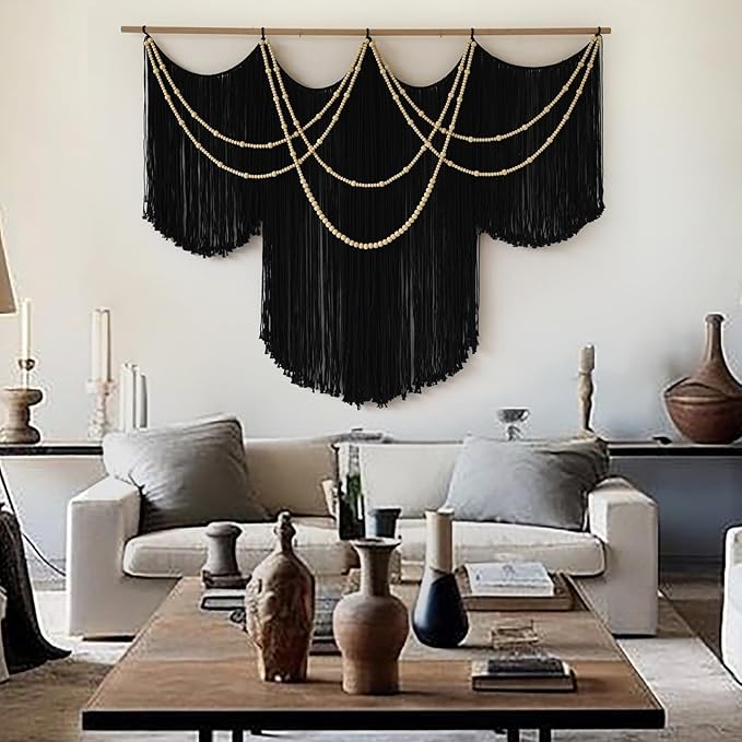 Macrame Wall Hanging Black Yarn Tapestry Home Decor Large Fiber Wall Art Living Room Bedroom Home Wall Decor 57" W x 43" L