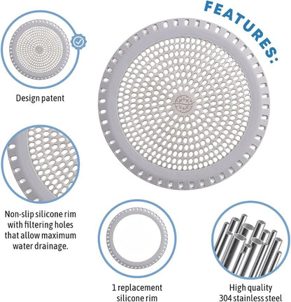 Shower Drain Hair Catcher – Ultra ShowerRing 5" Drain Cover for Flat & Domed Floors | Stainless Steel Hair Trap with Silicone Rim | High-Flow Strainer Prevents Clogs - Gray