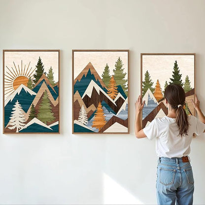 Tinonedraw Large Metal Mountain Framed Canvas Wall Art of 3, Boho Rustic Sunrise Forest Wall Decor, Modern Nature Country Artwork, Vintage Wilderness Art Print for Living Room Bedroom Office 16"x24"