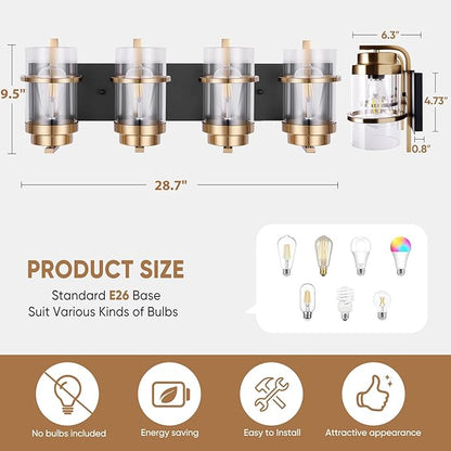 Black Gold Wall Sconces,Bathroom Vanity Light Fixtures,4 Lights Black Sconce Over Mirror,Farmhouse Bathroom Lights(Bulbs not Included)