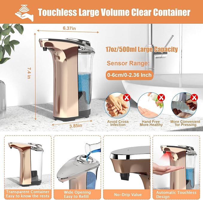 Automatic Soap Dispenser, PZOTRUF Touchless 17oz/500ml with Upgraded Infrared Sensor, 5 Adjustable Soap Dispensing Levels, Liquid Hand Soap Dispenser for Bathroom (Rose Gold)