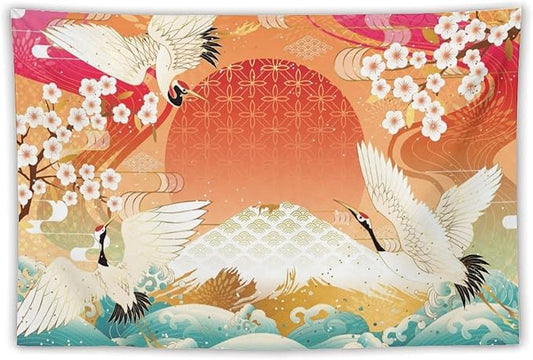 HZOHNAGO Japanese Tapestry Cherry Blossom Crane Sea Wave Fuji Mountain Red Sun Pattern Printed Wall Tapestry Painting Wall Hanging for Bedroom Living Room Dorm 90" W x 60" H