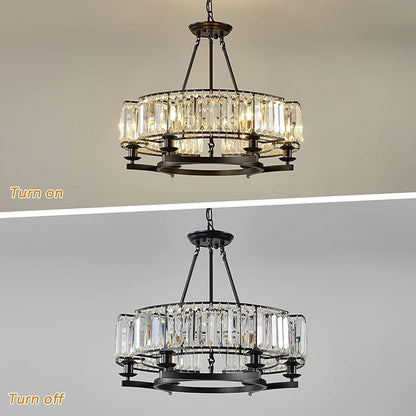 Vintage Crystal Chandelier Black 6 Lights Hanging Ceiling Light Fixture Iron Frame Pendant Lighting for Farmhouse Decoration Dining Table Living Room
