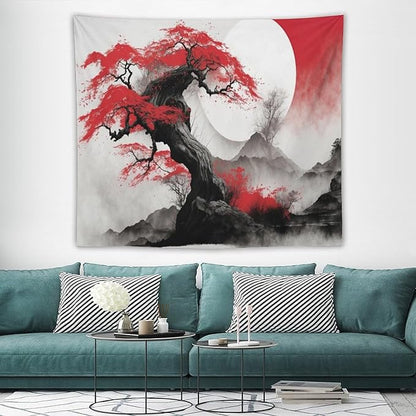 Cherry Blossoms Tapestry,Japanese Red Landscape Asian Watercolor Abstract Art Tapestry,Japanese Wall Tapestry, Nature Landscape Tapestries for Bedroom Living Room Decor 60"x50"