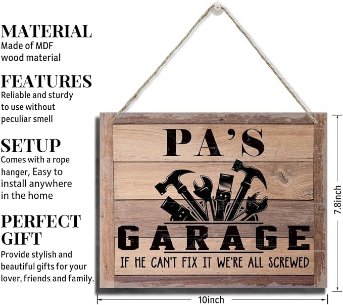Rustic Father's Day Gift for Dad, Grandpa - Pa's Garage Decor Hanging Wood Sign - If He Can't Fix It We're All Screwed - Vintage Printed Wall Art