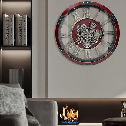 DORBOKER 30" Original Moving Gears Wall Clock, Large Industrial Wall Clock for Living Room Decor, Retro Wood Vintage Farmhouse Steampunk Rustic Clocks for Wall Decor,Red Walnut Wood