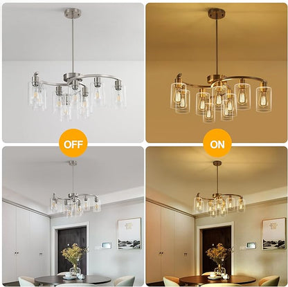 9-Light Brushed Nickel Glass Chandelier, Adjustable Height Hanging Industrial Dining Room Chandelier Over Table, Modern Farmhouse Chandelier for Kitchen Island Living Room Entryway Bedroom