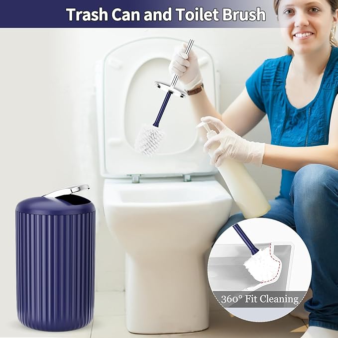 9PCS Nave Blue Bathroom Accessories Set Complete with Trash Can, Vanity Tray, Soap Dispenser, Soap Dish, Toothbrush Holder, Toothbrush Cup, Toilet Brush and Qtip Holders