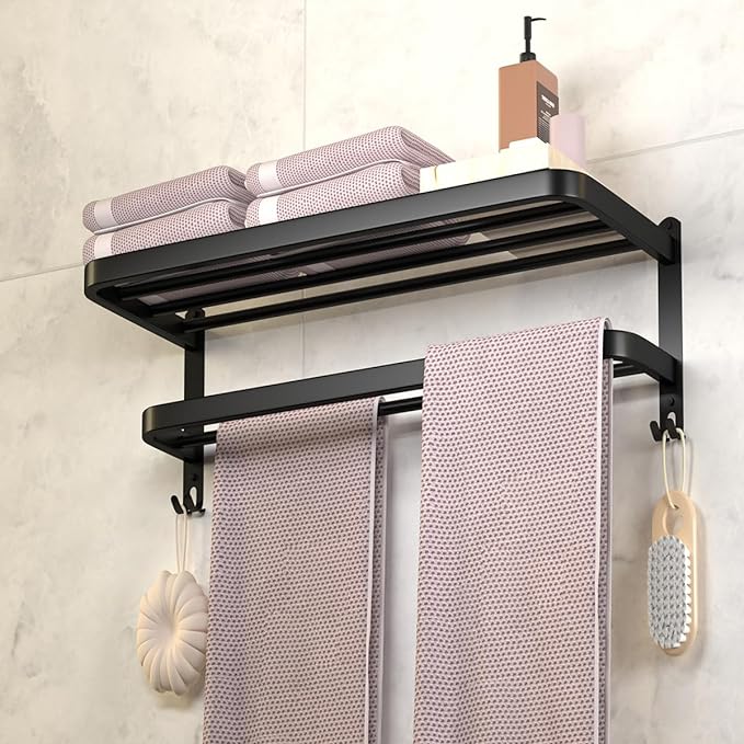 DDS-DUDES Black Towel Racks for Bathroom Towel Shelf with Double Towel Bars Lavatory Wall Mount Holder with Hooks Stainless Steel Hotel Bath Rack (Matte Black 15 inches)