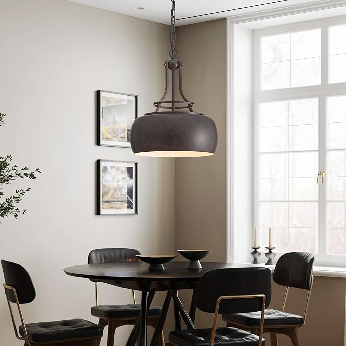 WUZUPS Chandelier Rustic Farmhouse Industrial Round Ceiling Pendant LED Light Fixture with Open Bottom Drum Shade, H 15.7" x W 13.4", Distressed Rust