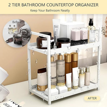 2-Tier Bathroom Countertop Organizer Multifunctional Vanity Tray Cosmetic and Makeup Storage Rack Kitchen Spice Shelf Freestanding Organizer (White)
