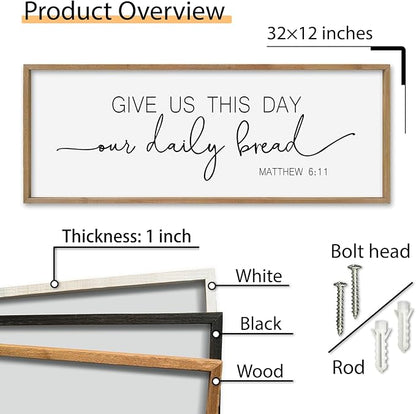 SRSZHIYUE Give Us This Day Our Daily Bread Sign Wall Decor Art 32"×12" Matthew 6:11 Dining Room Kitchen Large Wood Framed Wall Hanging (Wood)