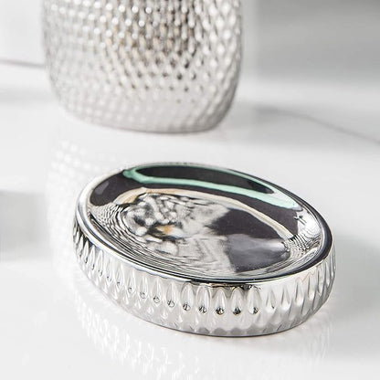 Silver Bathroom Accessory Set 4 Piece Ceramic Bath Accessories Sets Complete, Rain- Drop Shaped Bathroom Essential with Toothbrush Holder & Dish, Tumbler, Soap Dispenser Set for Bath Decor