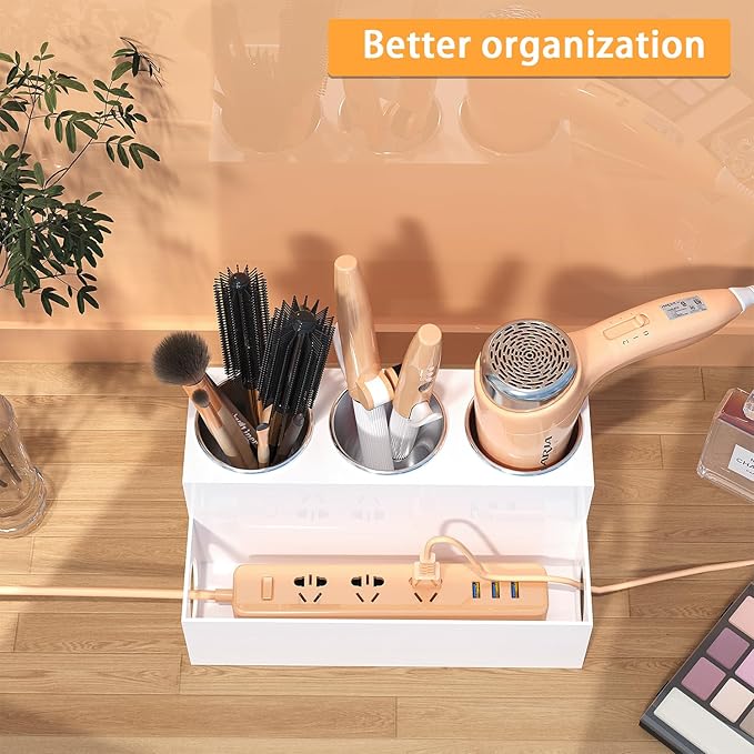 White Hair Tool Organizer Acrylic Hair Dryer and Styling Holder, Bathroom Countertop Blow Dryer Holder, Vanity Caddy Storage Stand for Accessories, Makeup, Toiletries