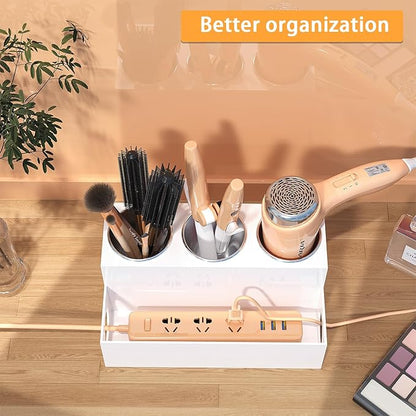 White Hair Tool Organizer Acrylic Hair Dryer and Styling Holder, Bathroom Countertop Blow Dryer Holder, Vanity Caddy Storage Stand for Accessories, Makeup, Toiletries