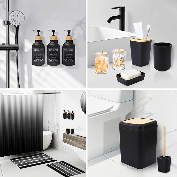 34PCS Black Bathroom Accessories Sets Complete, with Shower Curtain, Rugs, Trash Can and Toilet Brush, 3PCS 17oz Soap Dispenser Wall Mounted, Toothbrush Holder and Cup, Soap Dish, Qtip Holder
