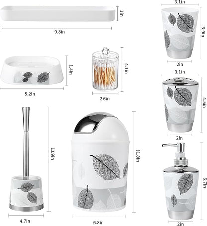 8 Piece Grey Bathroom Sets with Toothbrush Holder,Toothbrush Cup,Lotion Soap Dispenser,Soap Dish,Toilet Brush,Trash Can,Qtip Holder