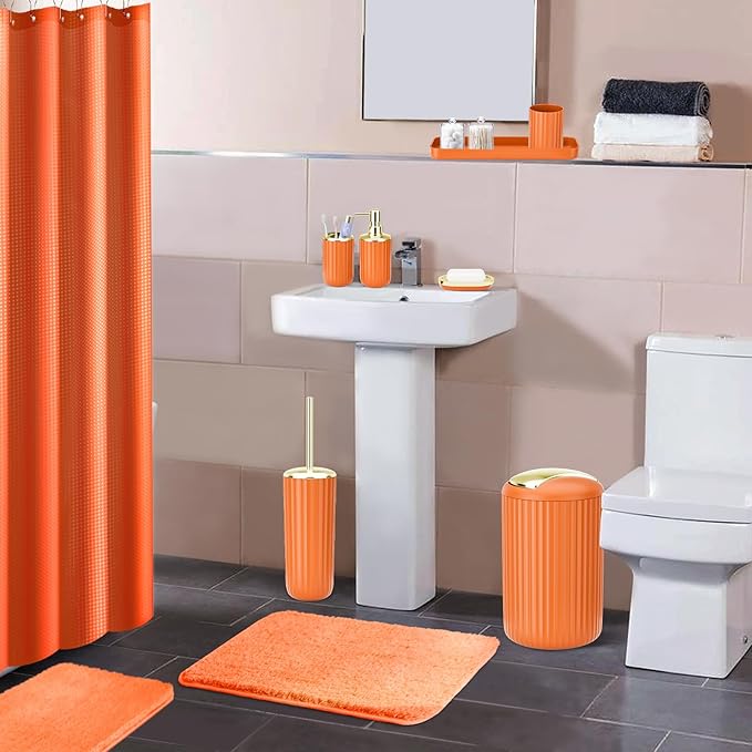 24 PCS Orange Bathroom Accessories Set with Shower Curtain and Rugs, Bathroom Sets with Extra Soft and Absorbent Bath Rugs Shower Curtain Orange Bathroom Accessory for Bath