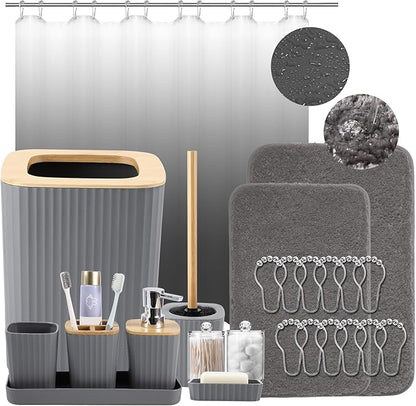 Bathroom Accessory Set–Bathroom Set with Shower Curtain and Rugs, No Slip Bathroom Rugs Super Absorbent, Grey Ombre Waterproof Shower Curtain with Hooks, Gray Bathroom Sets Complete for Home
