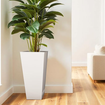 Worth Garden 28" H. Large Metal Glazed Planter Set of 2, Modern Glossy Finish White Tall Square Tapered Steel Flower Plant Pots for Indoor & Outdoor Use - Insert Plate with Drain Holes, Air Vents