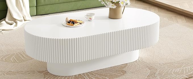 43.3" Oval Fluted Coffee Table Modern Elegant Drum End Table, Minimalist Center Table 7.8" Thick Tabletop with Sturdy Base for Living Room, Bedroom, Apartment,Easy Assembly, White