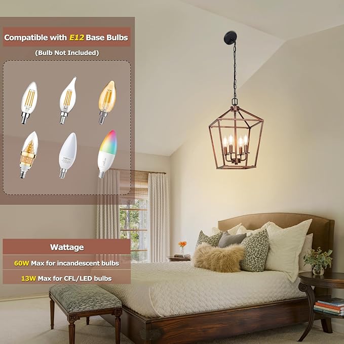 Chandelier for Dining Room, 4-Light Rustic Chandelier Fixtures, Vintage Ceiling Light with Adjustable Height, Antique Bronze Geometric Hanging Light for Bedroom, Foyer, Kitchen, Living Room, Entryway