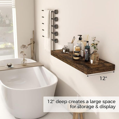 30 Inch Floating Shelves, 12 Inch Deep Floating Shelf for Wall, Rustic Deep Shelves for Books, Bathroom, Living Room, Kitchen, 30 x 12 x 2 Wood Floating Shelves, Rustic Brown Color, Set of 2