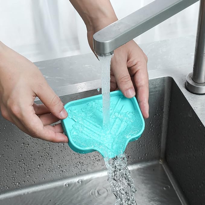 Silicone Bathroom Soap Dishes with Drain Spout-Bathroom and Kitchen Sink Organizer,Sponge Holder,Dish Soap Tray,Perfect for Dispenser,Scrubber,Bottle,Cup on Sink or Counter-Mint 4.9"×3.2"