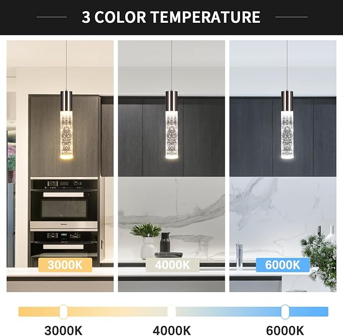 OKELI Modern Pendant Lights,3 Color LED Bubble Crystal Island Light Fixtures,Black Mini Pendant Lighting for Kitchen Island,Bar,6W,3000-6000K,ETL,3 Pack
