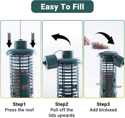 Squirrel Proof Bird Feeder Metal Mesh for Outdoors Hanging,Weight Activated Weatherproof Wild Bird Feeders with Finch Cardinal Chickadee,Large Capacity(Green)