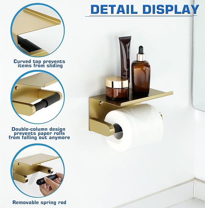 Alise Toilet Paper Holder Adhesive Toilet Paper Roll Holder SUS304 Stainless Steel Toilet Paper Holder with Shelf Spring Loaded Tissue Holder Wall Mount(Adhesive or Screw),Gold and Black Finish