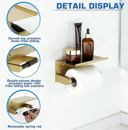 Alise Toilet Paper Holder Adhesive Toilet Paper Roll Holder SUS304 Stainless Steel Toilet Paper Holder with Shelf Spring Loaded Tissue Holder Wall Mount(Adhesive or Screw),Gold and Black Finish