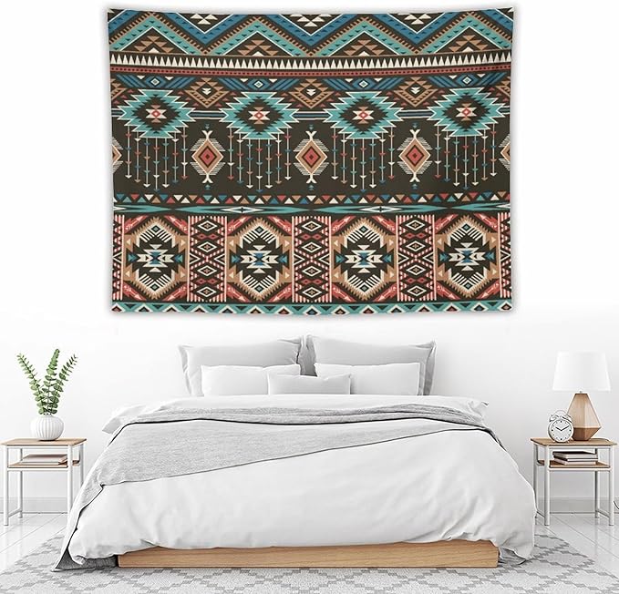 HZOHNAGO Aztec Tapestry Turquoise Blue and Brown and Native American Tribal Pattern Printed Wall Tapestry Wall Hanging for Bedroom Living Room Dorm 80" W x 60" H