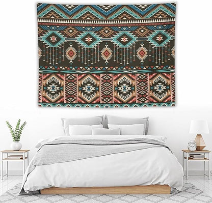 HZOHNAGO Aztec Tapestry Turquoise Blue and Brown and Native American Tribal Pattern Printed Wall Tapestry Wall Hanging for Bedroom Living Room Dorm 80" W x 60" H