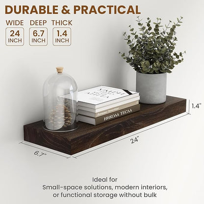 Wood Floating Shelves for Wall, 24" Floating Shelves Wall Mounted, Rustic Old Elm Wood Shelves for Home Decor, Heavy-Duty Storage Shelves for Books, Bathroom, Kitchen, Walnut Color, Set of 2