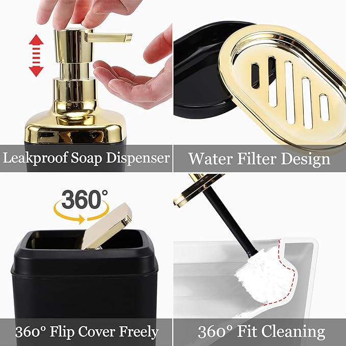 Black Bathroom Accessories Set, Black and Gold Bathroom Accessories with Trash Can, Tray, Soap Dispenser, Soap Dish, Toothbrush Holder, Toothbrush Cup,Toilet Brush and Qtip Holders