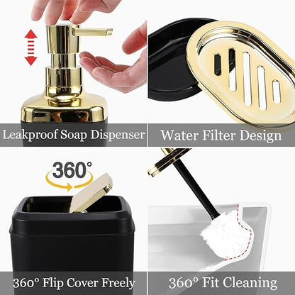 Black Bathroom Accessories Set, Black and Gold Bathroom Accessories with Trash Can, Tray, Soap Dispenser, Soap Dish, Toothbrush Holder, Toothbrush Cup,Toilet Brush and Qtip Holders