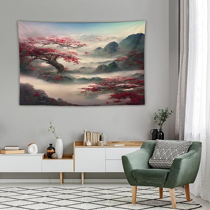 Japanese Tapestry, Red Plum Cherry Blossom Mountain Tapestry, Asian Japanese Wall Tapestry, Nature Landscape Tapestries for Bedroom Living Room Decor 90"x60"