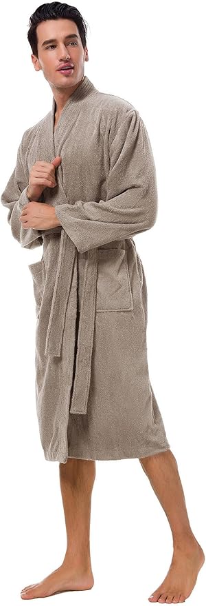 SIORO Mens Robe Terry Cloth Kimono Bathrobe Cotton Soft Shower Towel Bath Robes Calf Length Housecoat for Spa Hotel Hot Tub