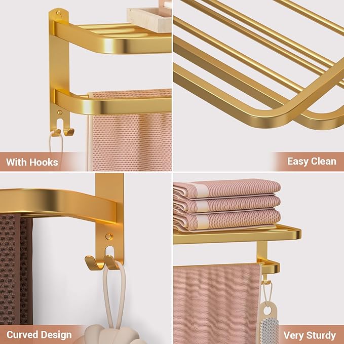 DDS-DUDES Gold Bathroom Towel Rack Towel Shelf with Double Towel Bars Lavatory Wall Mount Holder with Hooks Golden Stainless Steel Hotel Bath Rack 23 inches