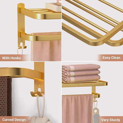 DDS-DUDES Gold Bathroom Towel Rack Towel Shelf with Double Towel Bars Lavatory Wall Mount Holder with Hooks Golden Stainless Steel Hotel Bath Rack 23 inches
