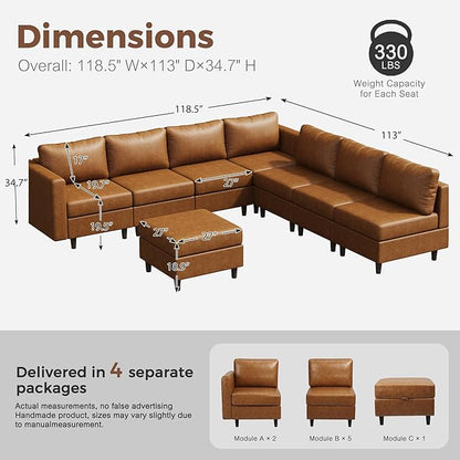 118.5" Faux Leather Modular Sectional Convertible Sofa, L Shaped Couch Set for Living Room, Large 8-Seater Comfy Cloud Couches with Movable Storage Ottoman DIY Combination - Brown