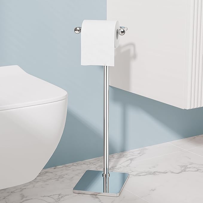 RUACQ Toilet Paper Holder Stand, Bathroom Toilet Paper Roll Holder Free Standing, Toilet Tissue Holder Stand with Post Pivoting Design, Stable Weighted Base, SUS304 Stainless Steel (Chrome)