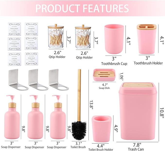 Pink and Wood Bathroom Accessories Set 19Pcs, Bathroom Set with Trash Can and Toilet Brush, 3PCS Drill Free 17oz Soap Dispenser Wall Mounted, Toothbrush Holder and Cup, Soap Dish, Qtip Holder