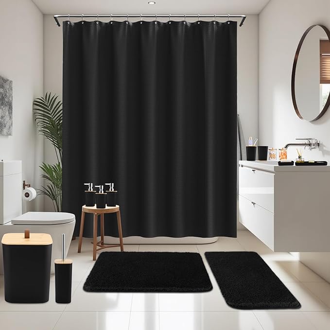 Bathroom Sets with Shower Curtain and Rugs, 27PCS Black Bathroom Accessories Set with Trash Can, Black Shower Curtain Set, No Slip Super Absorbent Bathroom Rugs