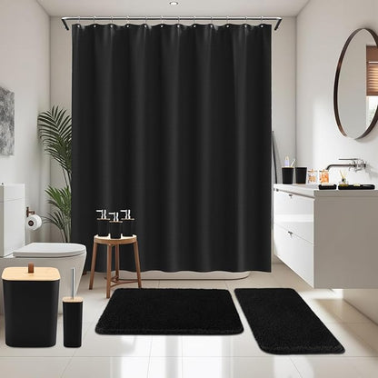 Bathroom Sets with Shower Curtain and Rugs, 27PCS Black Bathroom Accessories Set with Trash Can, Black Shower Curtain Set, No Slip Super Absorbent Bathroom Rugs