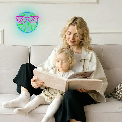 Earth Neon Sign Sunglasses Neon Light for Wall Decor Planet Neon Light Colorful LED Neon sign USB Powered LED Light Up Sign for Bedroom Kids Room Classroom Decoration